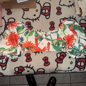 Colorful Floral Puff Sleeve Crop Top pant set